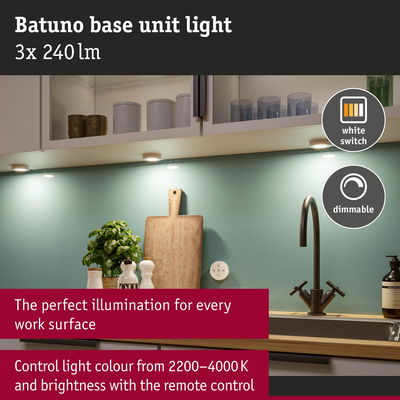 Batuno white LED under-cabinet light with dimmable 2200-4000K colour temperature for kitchen work surfaces