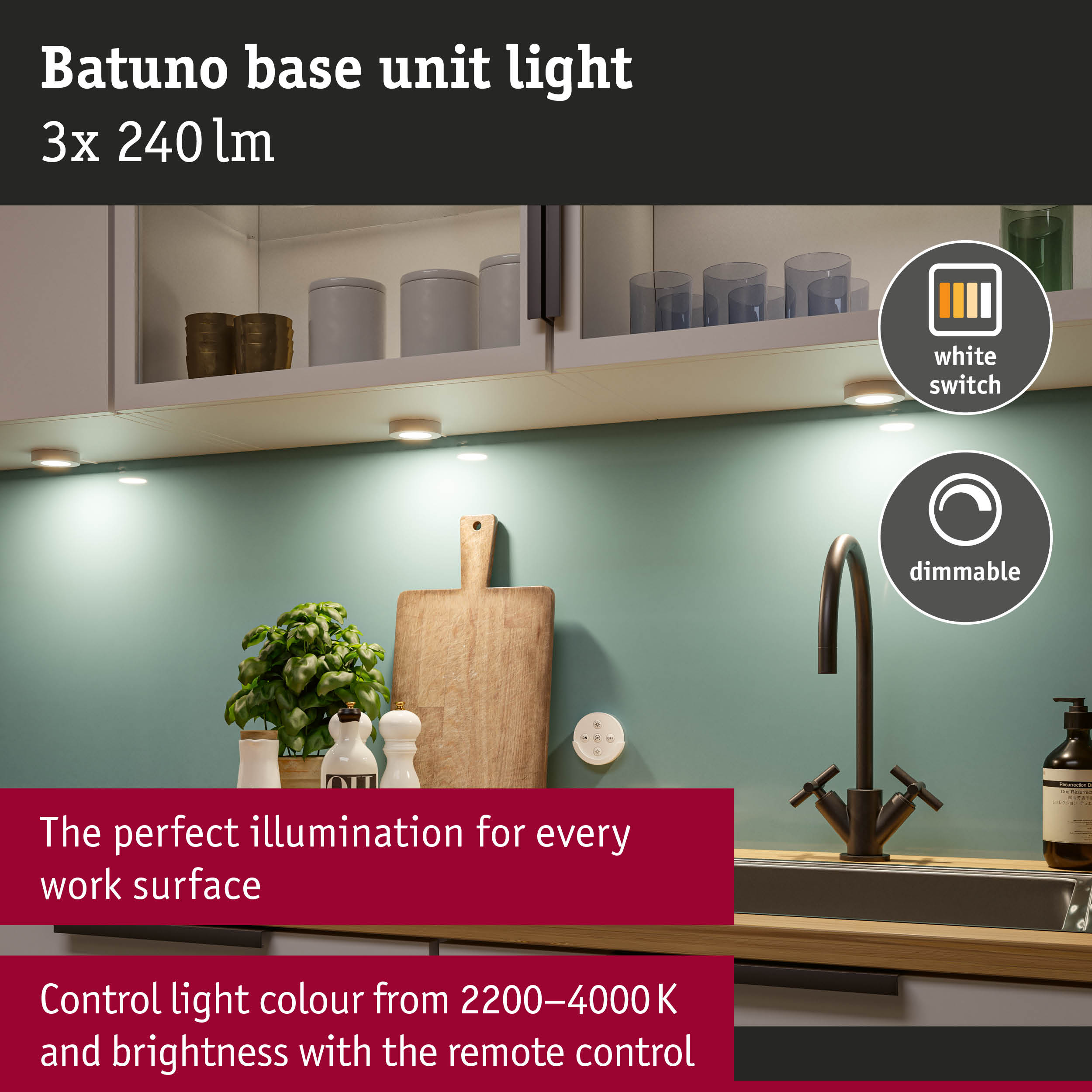 White dimmable LED under-cabinet kitchen lights with remote control for adjustable brightness