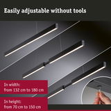 Adjustable black metal LED pendant light with warm white illumination, width 132-180 cm, height 70-150 cm