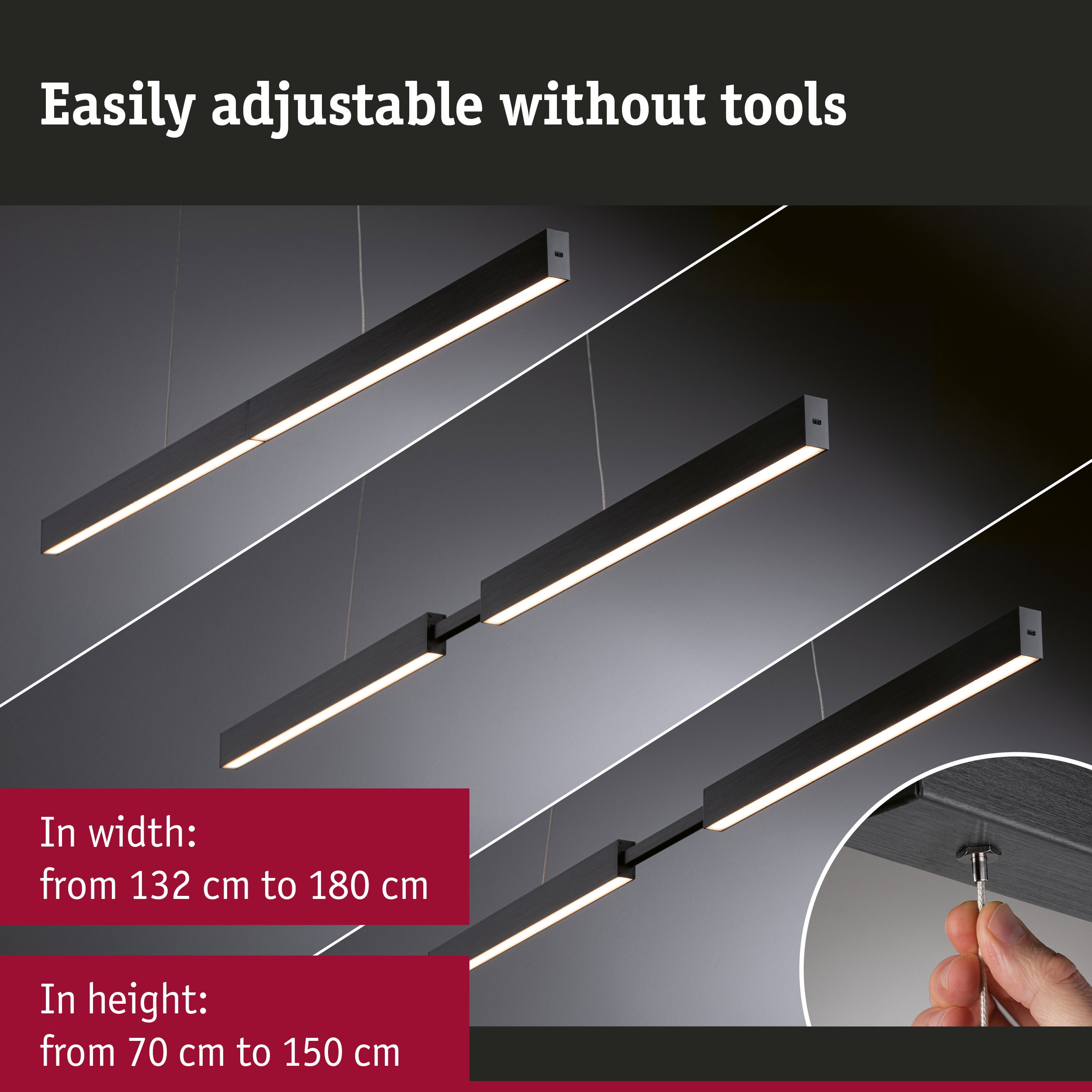 Black aluminum LED pendant light, adjustable in height and width without tools
