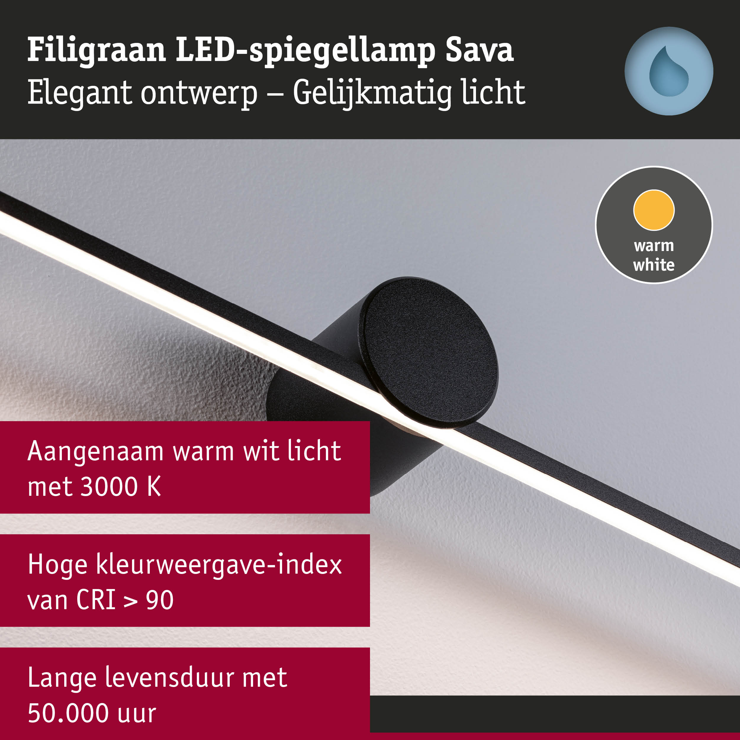 Filigrane zwarte LED-spiegellamp Sava met warm wit licht en hoge kleurweergave-index voor badkamerverlichting
