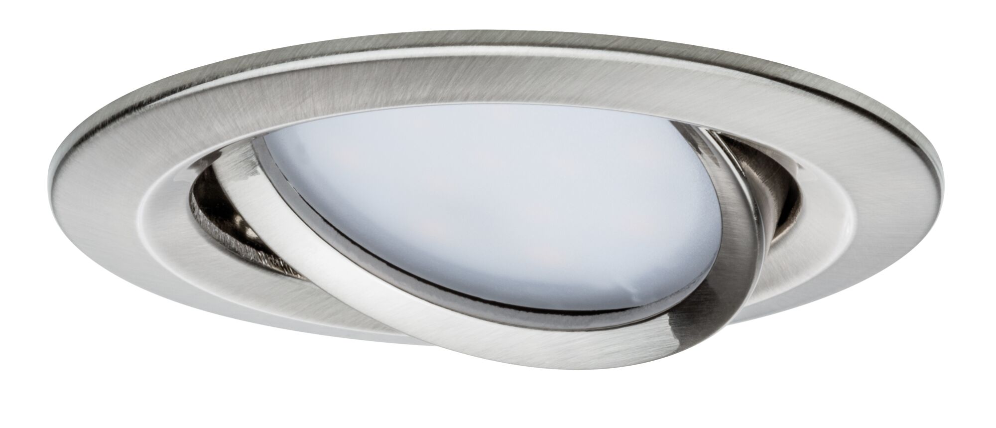 Spot rond en acier inoxydable brossé avec diffuseur blanc pour éclairage LED encastré moderne.