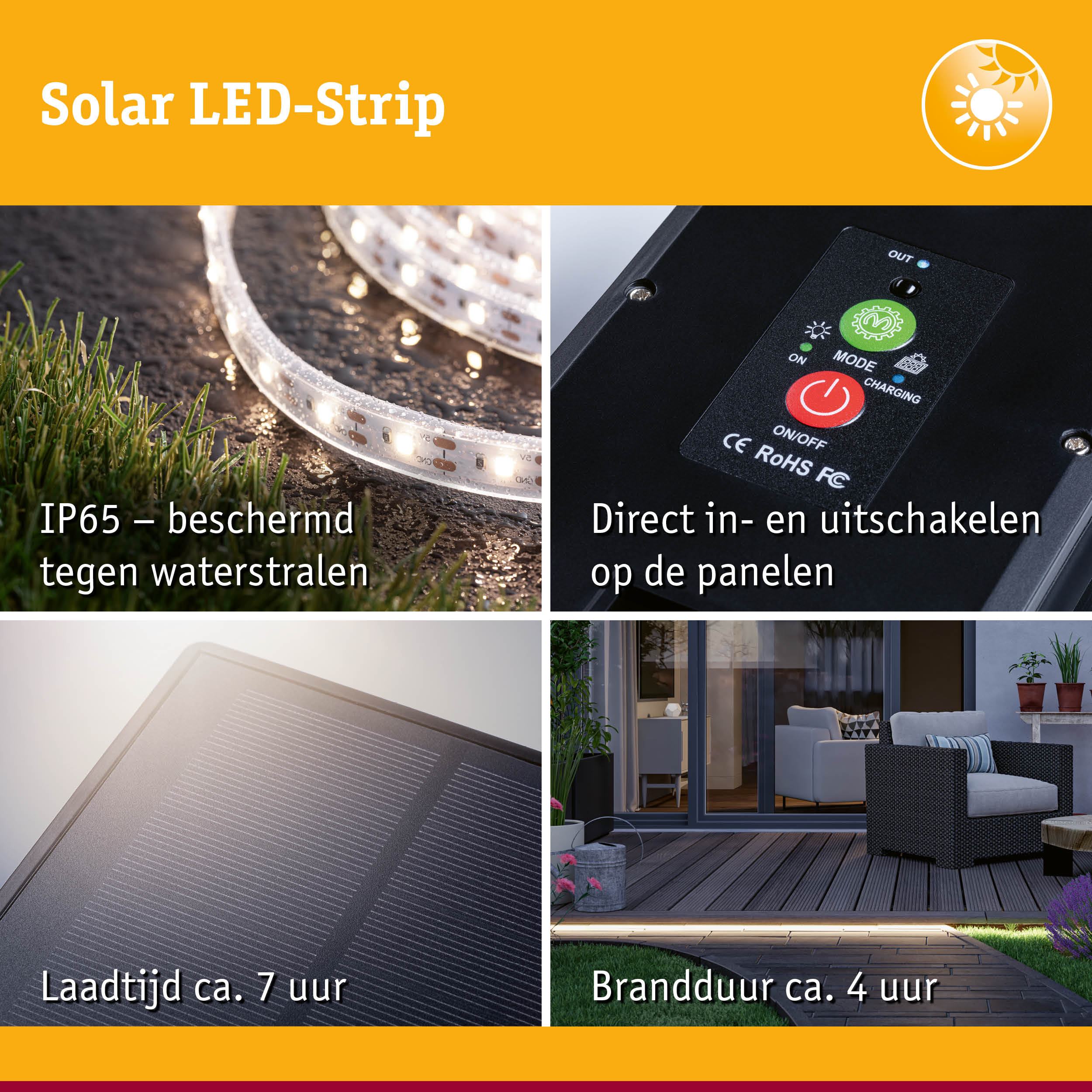 Solar LED-strip met IP65 bescherming tegen waterstralen en eenvoudig in- en uitschakelen op het paneel