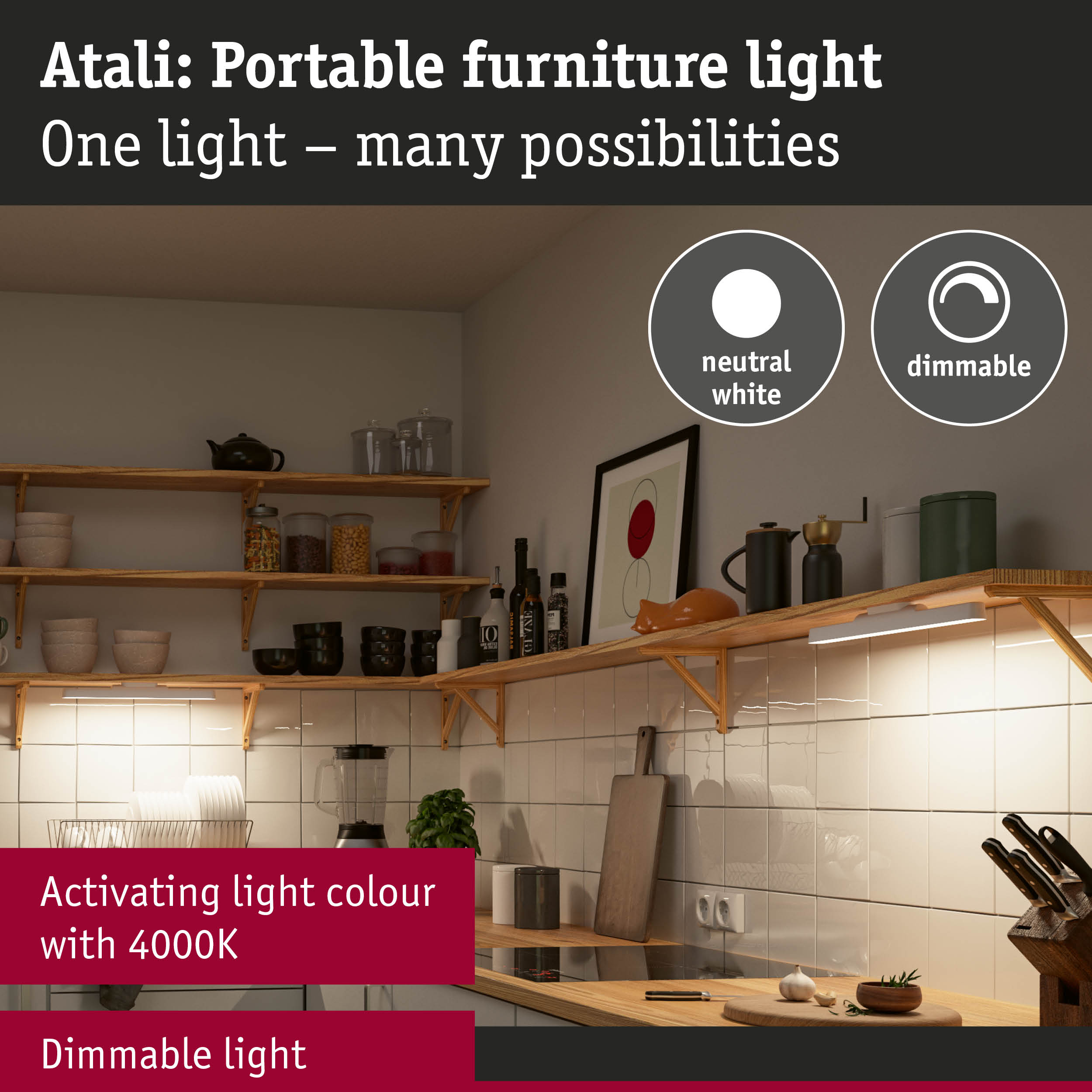 Modern dimmable kitchen lighting with neutral white light and 4000K colour temperature