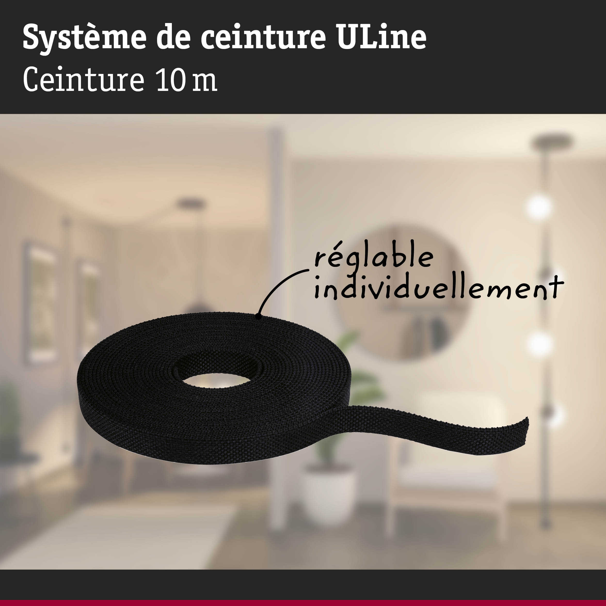 Ruban textile noir ULine de 10 m pour fixation flexible et réglage individuel en intérieur
