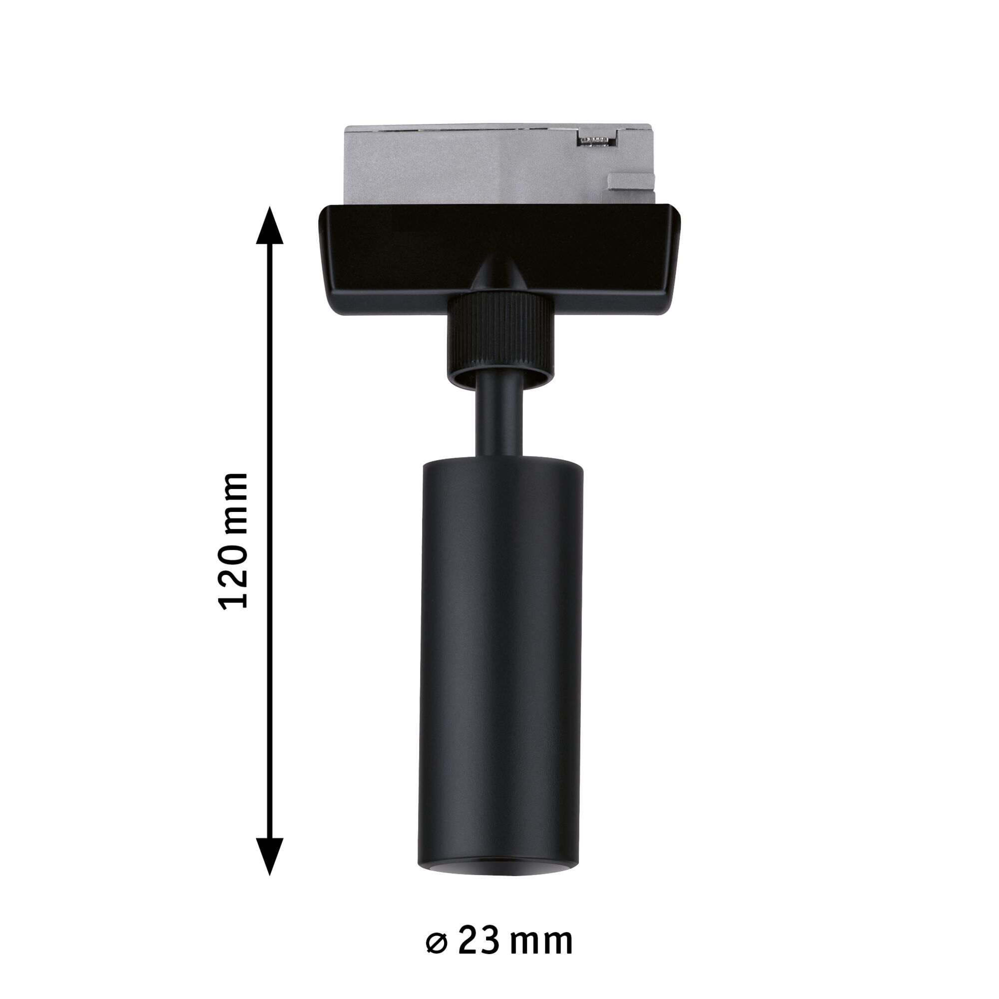 Black metal LED spotlight 120 mm long and 23 mm diameter for track lighting systems