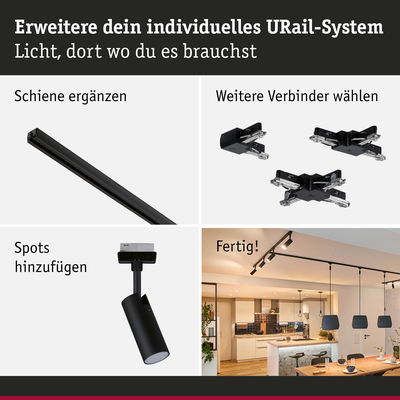 Schwarzes URail-Schienensystem mit Steckverbindern und Spots für flexible Raumbeleuchtung in moderner Küche