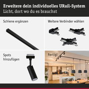 Schwarzes URail-Schienensystem mit Verbindern und Spots für flexible Beleuchtung im Wohnraum