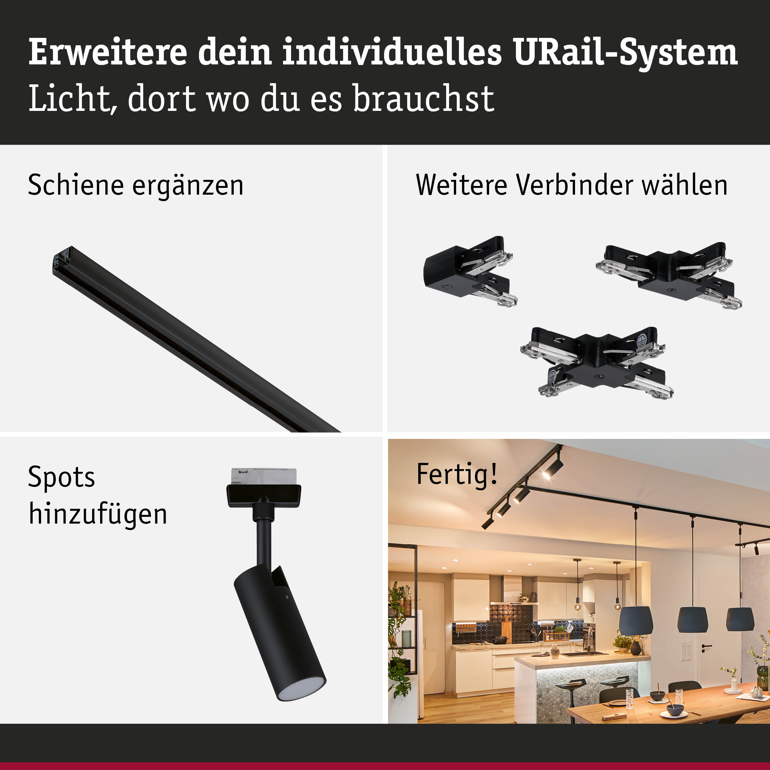 Schwarzes URail-Schienensystem mit Verbindern und Spots für flexible Beleuchtung im Wohnraum