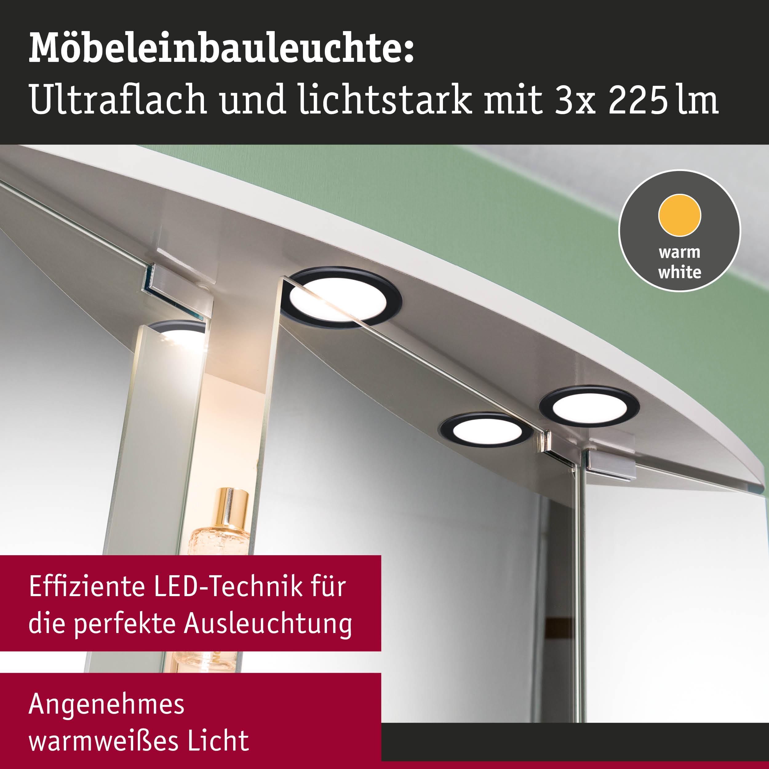 Ultraflache Möbel-Einbauleuchte mit warmweißem LED-Licht und 3x 225 Lumen für perfekte Ausleuchtung