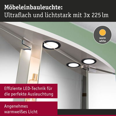 Ultraflache Möbel-Einbauleuchte mit warmweißem LED-Licht und 3x 225 Lumen für perfekte Ausleuchtung