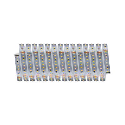 Flexibler LED-Lichtstreifen mit warmweißen LEDs auf silberner Platine für vielseitige Beleuchtung.