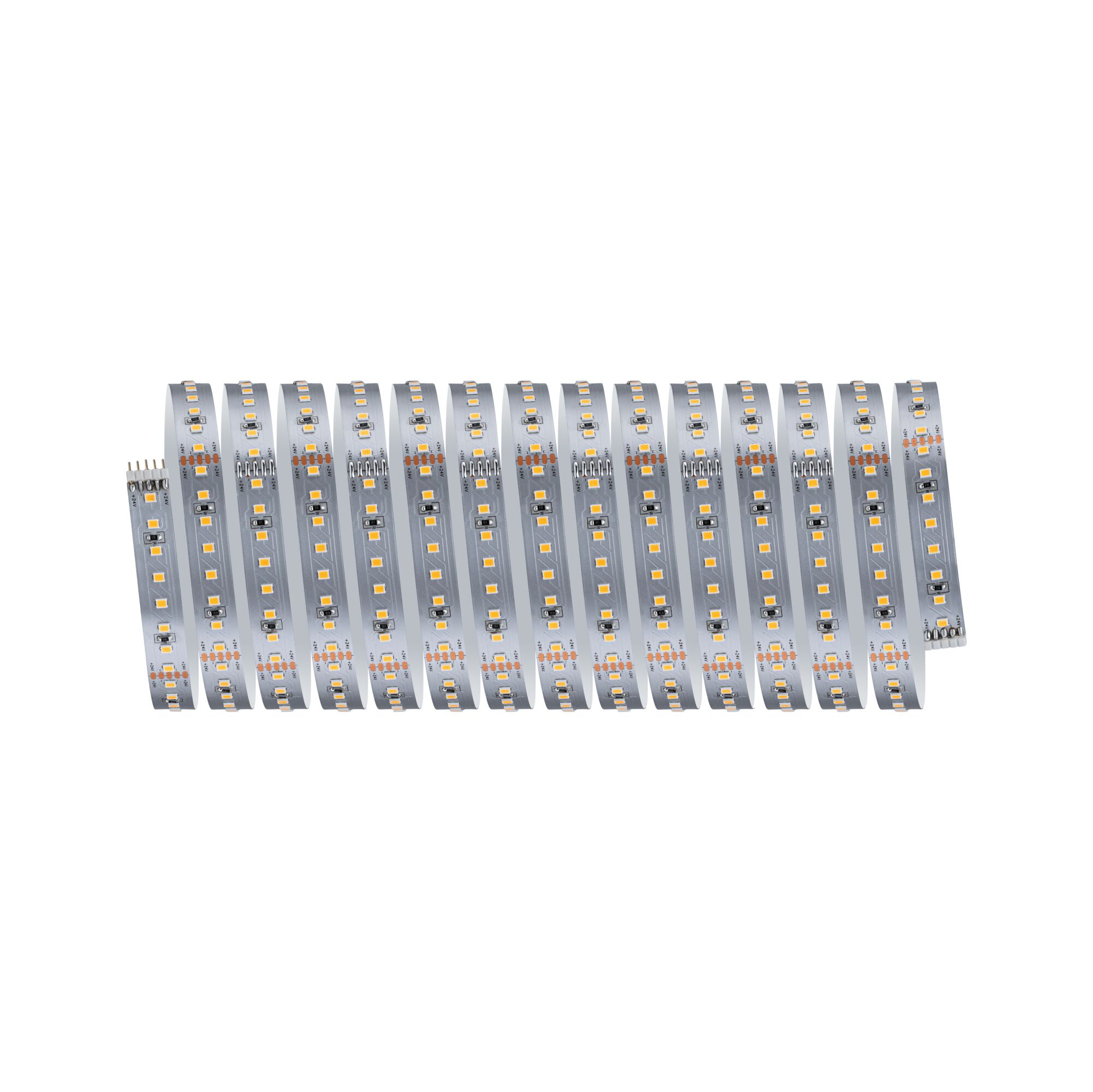 Flexibler LED-Lichtstreifen mit warmweißen LEDs auf silberner Platine für vielseitige Beleuchtung.