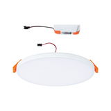 Rond wit LED-paneel met oranje klemmen en aparte driver voor plafondmontage verlichting