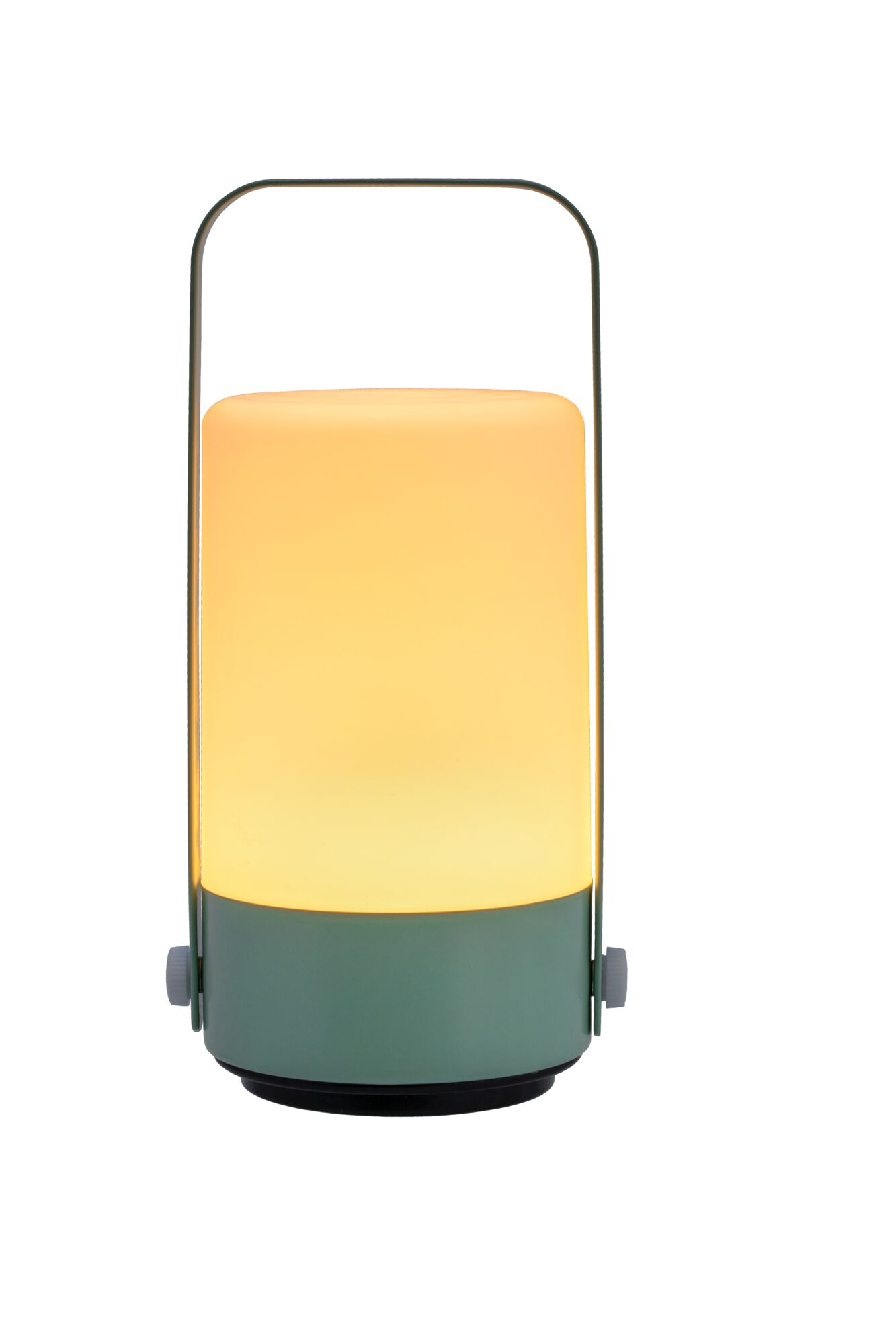 Modern portable lamp with green metal base and warm white light for ambient lighting