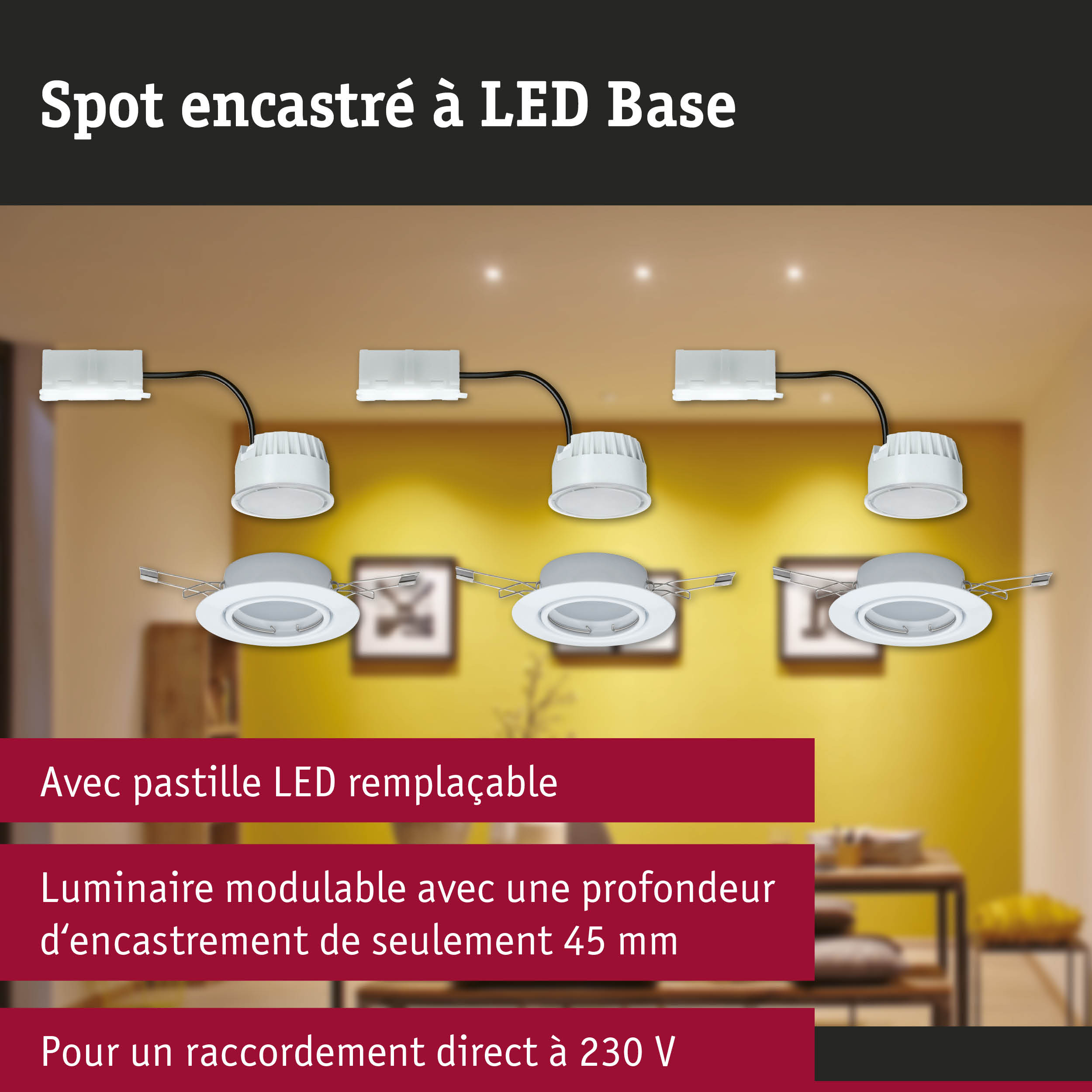Spot encastré LED blanc avec pastille LED remplaçable et profondeur d'encastrement de 45 mm pour raccord 230 V