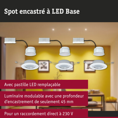 Spot encastré LED blanc avec pastille LED remplaçable et profondeur d'encastrement de 45 mm pour raccord 230 V