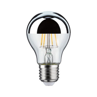 LED bulb with half-mirrored glass and E27 base, energy-saving light in silver and clear design