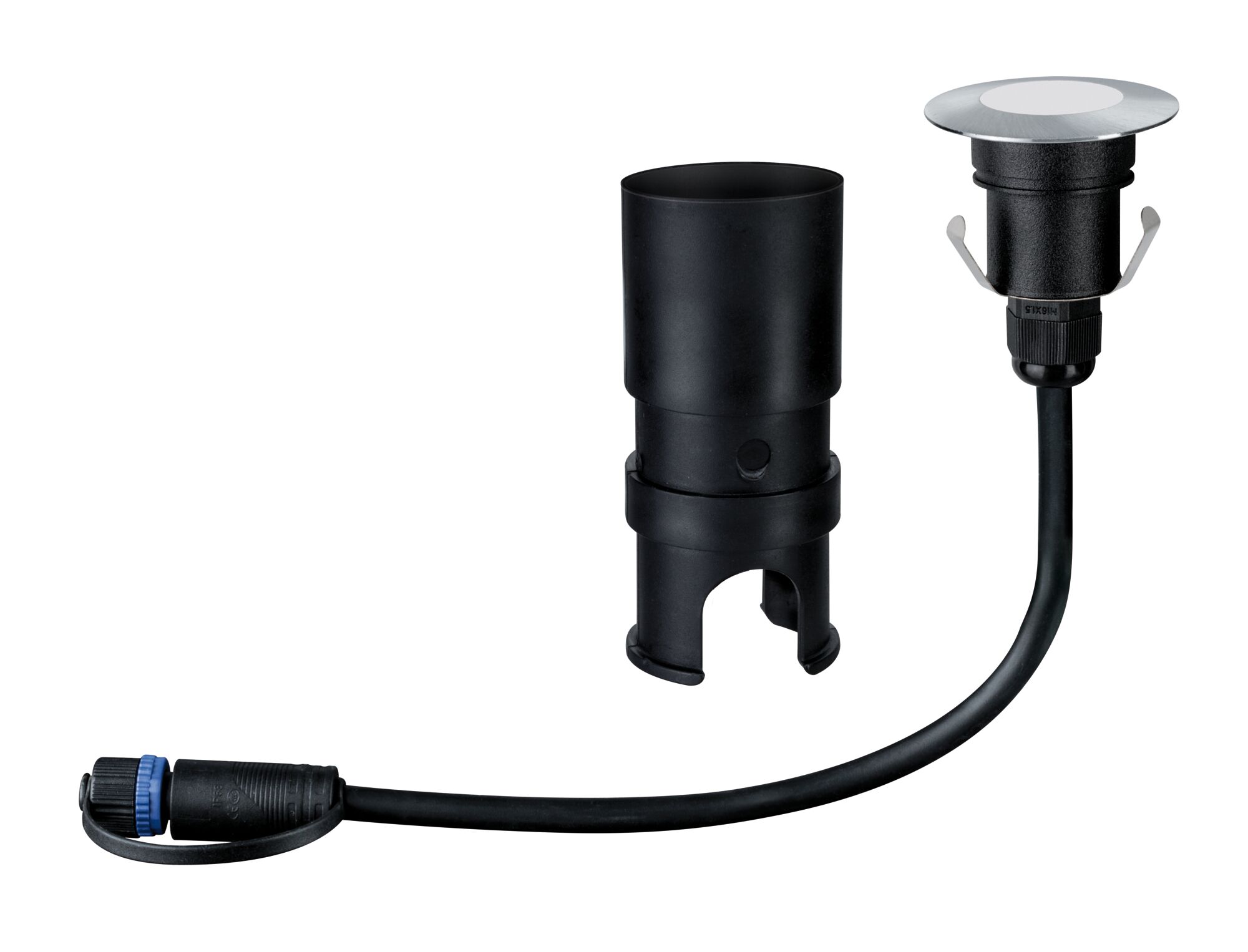 Schwarzes LED-Einbauleuchten-Kabel mit Metallring und Kunststoffhalterung für Außenbeleuchtung