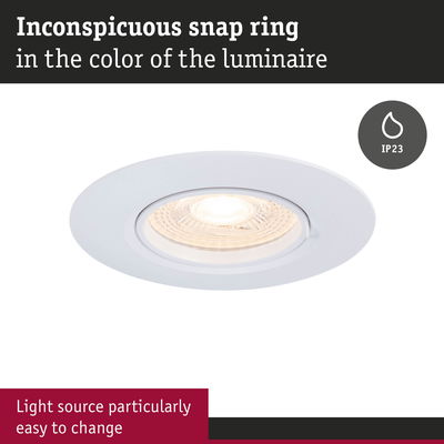 White recessed spotlight with inconspicuous snap ring and easy-to-change light source, LED ceiling light