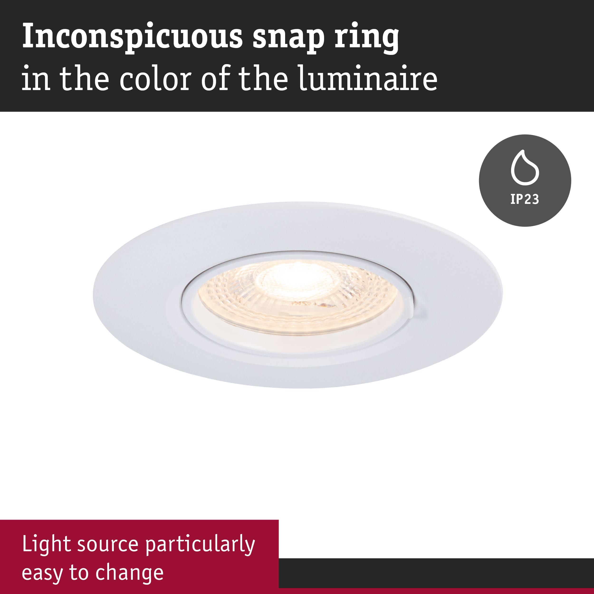 White recessed spotlight with inconspicuous snap ring and easy-to-change light source, LED ceiling light