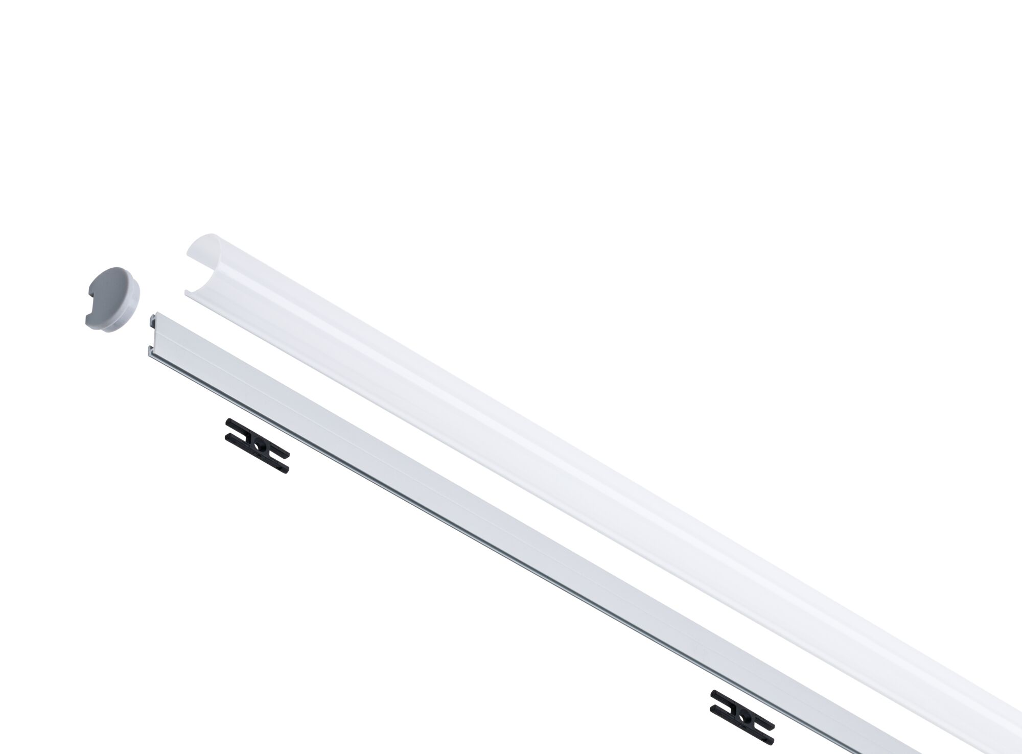 White LED aluminum profile with milky plastic diffuser and mounting clips for LED strip lighting