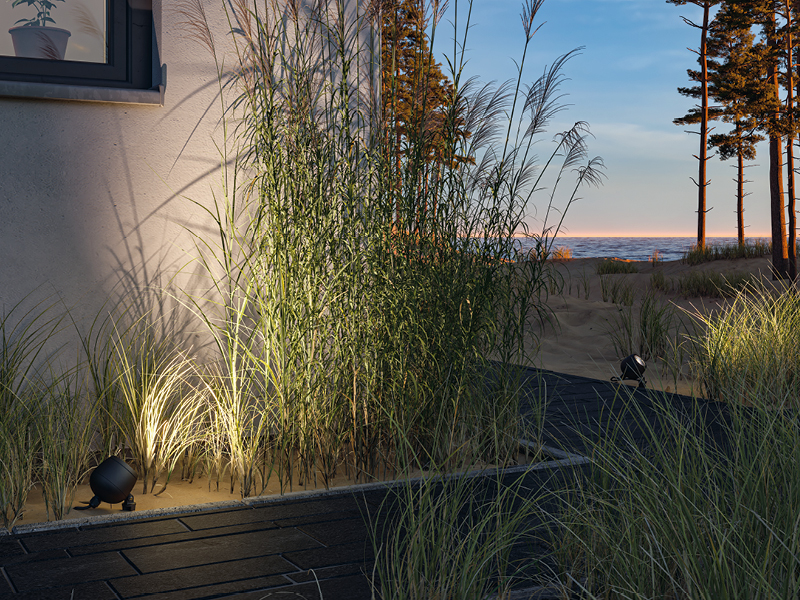 Projecteurs extérieurs noirs éclairant des herbes devant un mur de maison sur un chemin de plage au coucher du soleil