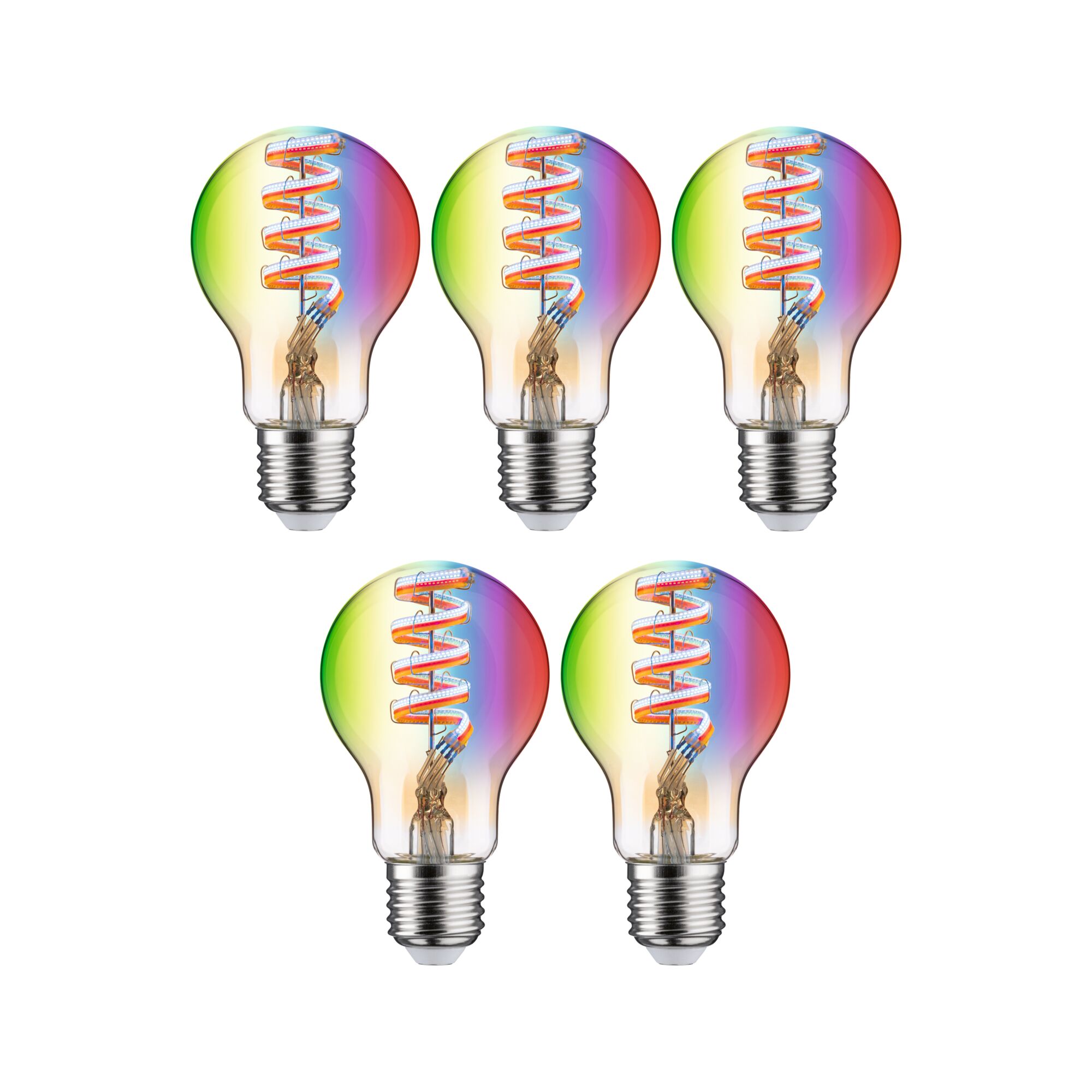 Zestaw Żarnik 230V Żarówka LED E27 5x470lm 5x6,3W RGBW+ ściemnialny Złoty Five LED bulbs with colorful spiral filament and E27 base for decorative lighting use.