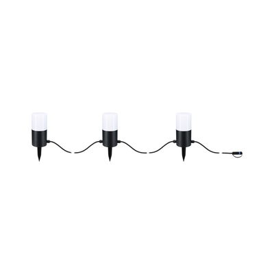 Three black LED garden lights with white shades and ground spikes connected by cables for outdoor use.