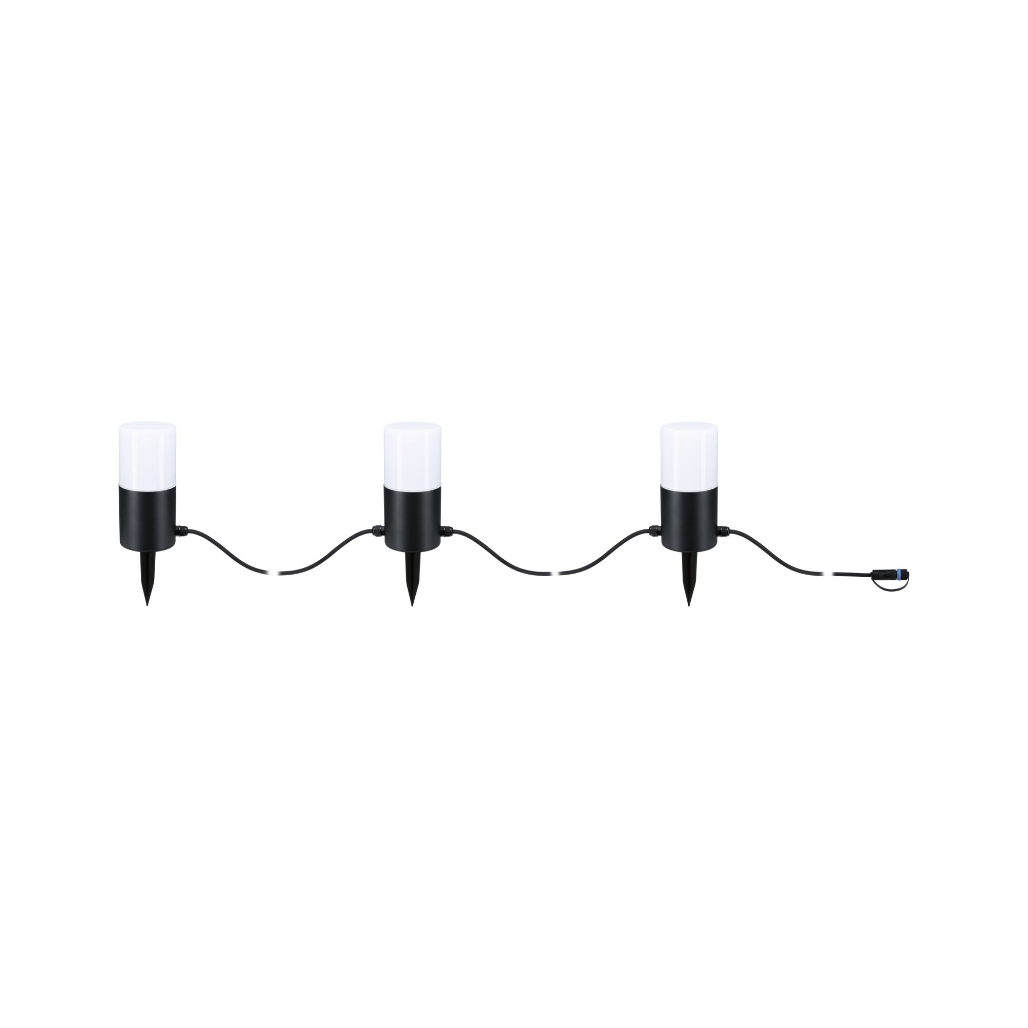 Trois lampes de jardin LED noires avec abat-jours blancs et piquets de terre reliés par câbles.