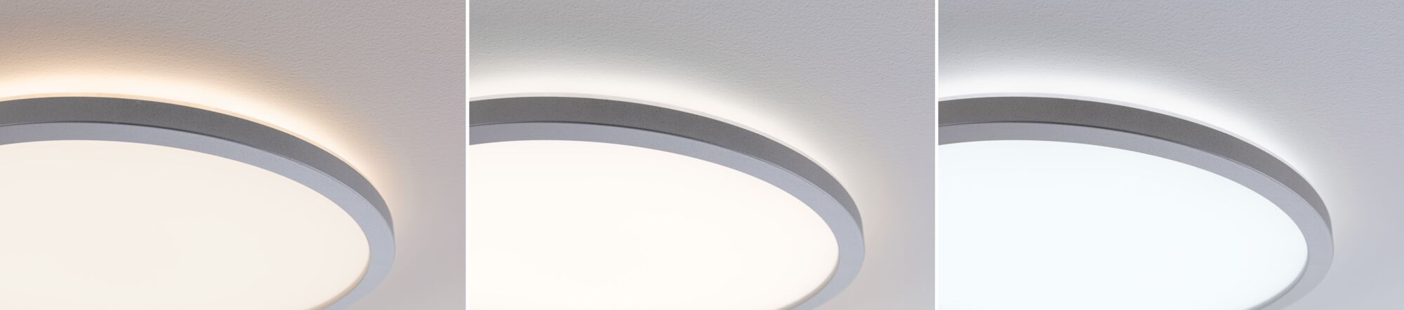 Trois plafonniers LED ronds avec diffuseur blanc et cadre gris en différentes couleurs de lumière.