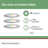 Schéma avec trois spots LED encastrés argentés et instructions pour montage simple sans câble ni transformateur