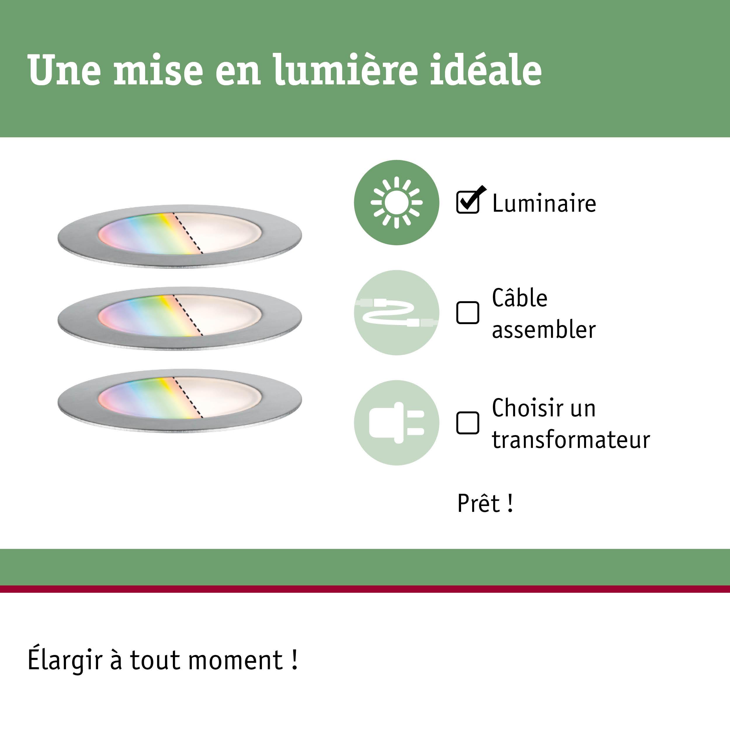Schéma avec trois spots LED encastrés argentés et instructions pour montage simple sans câble ni transformateur