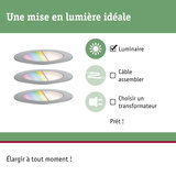 Schéma avec trois spots LED encastrés argentés et instructions pour montage simple sans câble ni transformateur