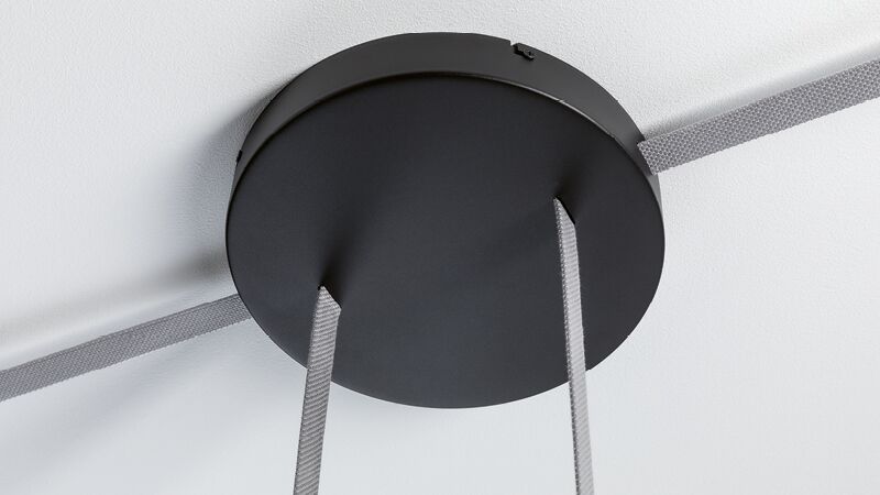 ULine Trafo-Abdeckung Zwarte ronde plafondhouder met grijze textielkabels voor moderne hanglampen, minimalistisch ontwerp
