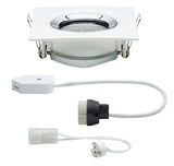 White square metal recessed spotlight with connector cables for LED lighting installation