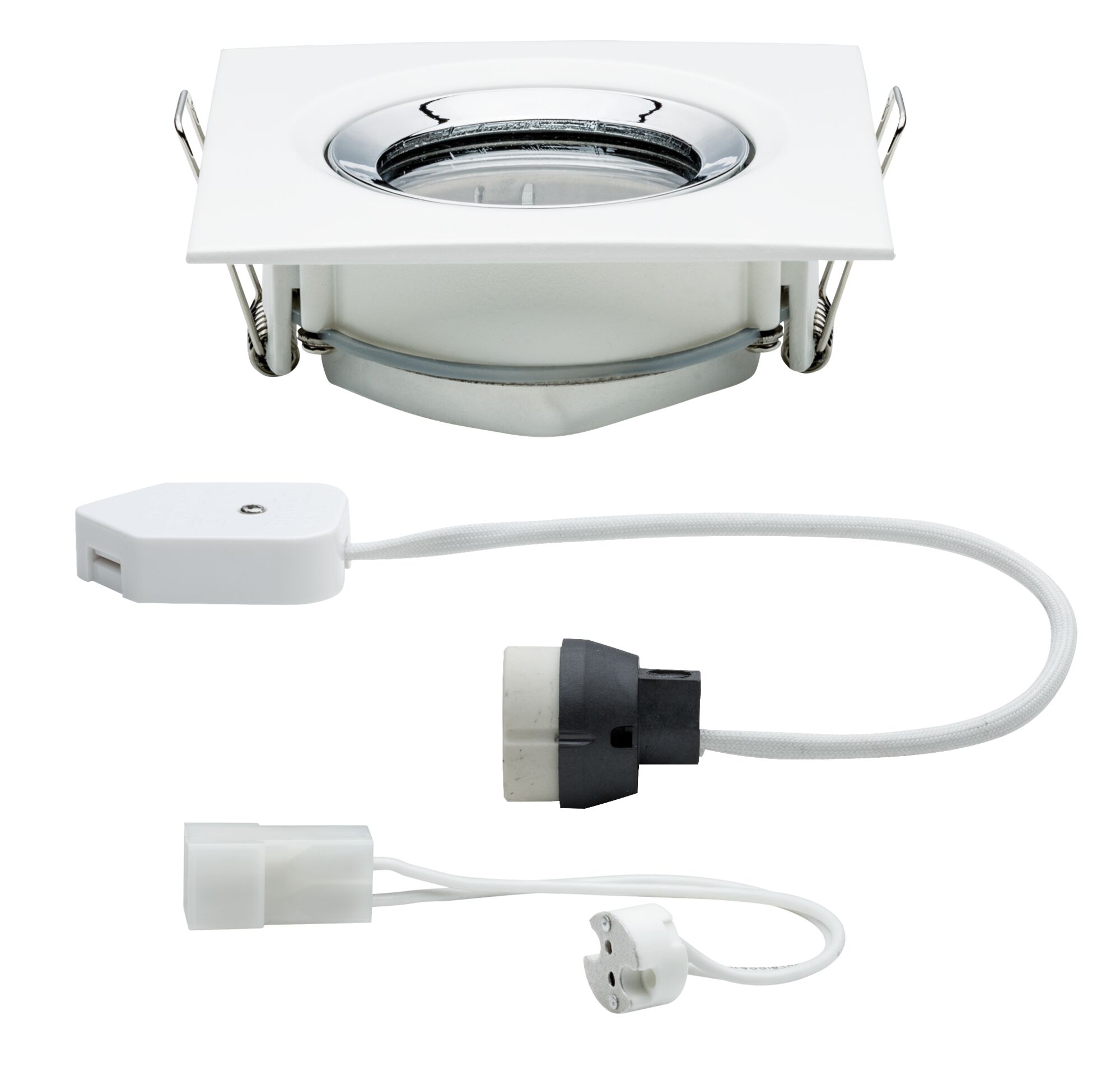 White square metal recessed spotlight with connector cables for LED lighting installation