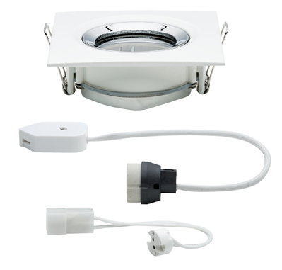 Witte vierkante inbouwspot met chromen ring en kabel voor LED-plafondverlichting