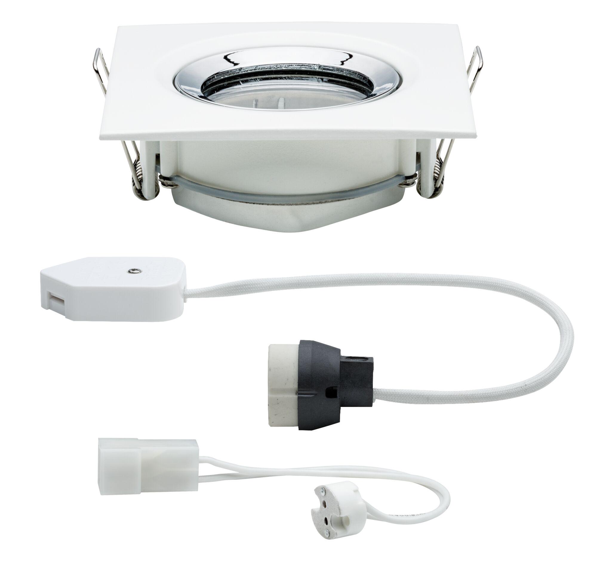 White square metal recessed spotlight with chrome ring and cable for LED lighting installation