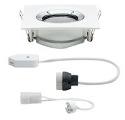 White square metal recessed spotlight with chrome ring and cable for LED lighting installation
