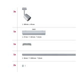 Silver LED track spotlights and accessories with dimensions for versatile lighting setups.
