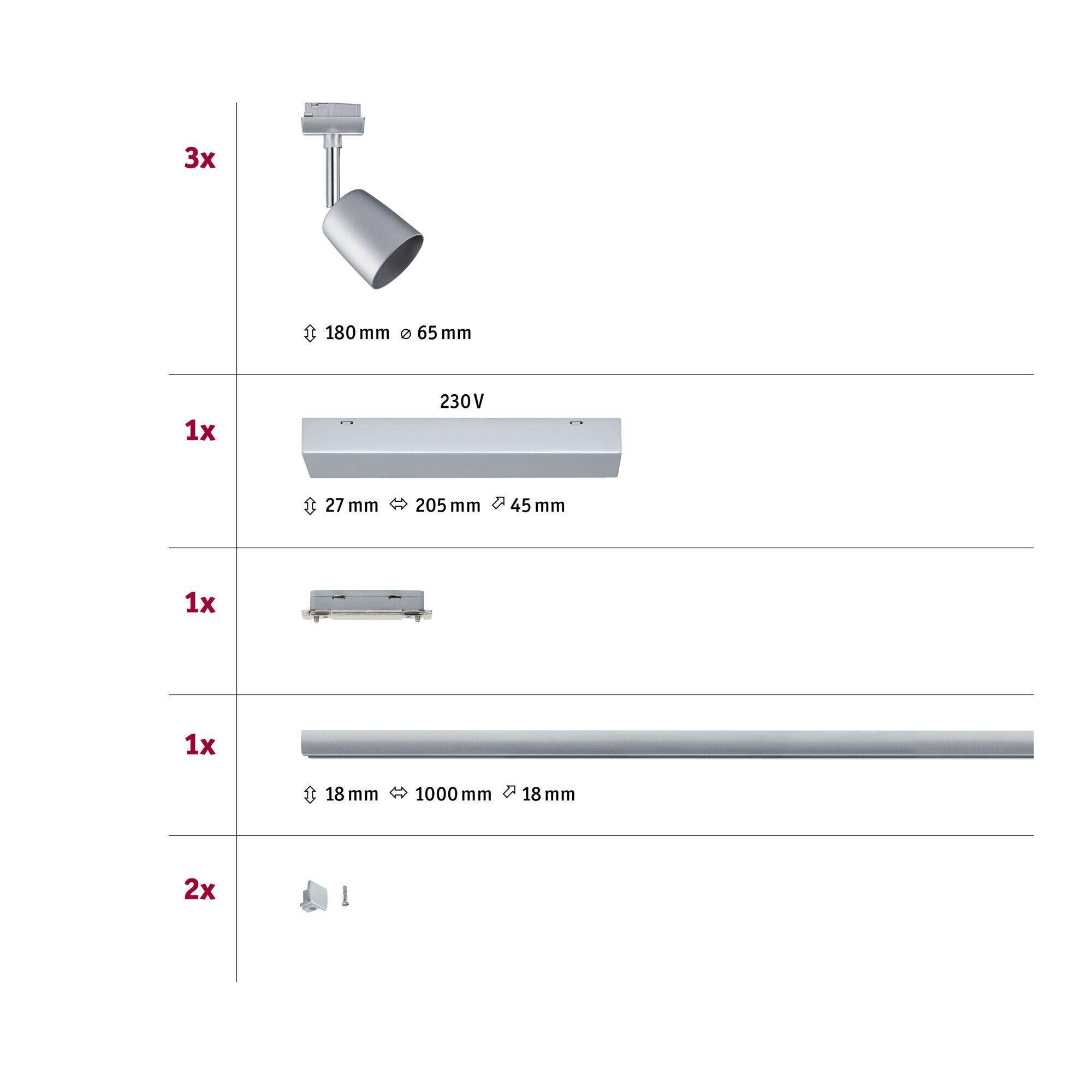Silberne LED-Schienenstrahler und Zubehörteile mit Maßen für flexible Beleuchtungslösungen.
