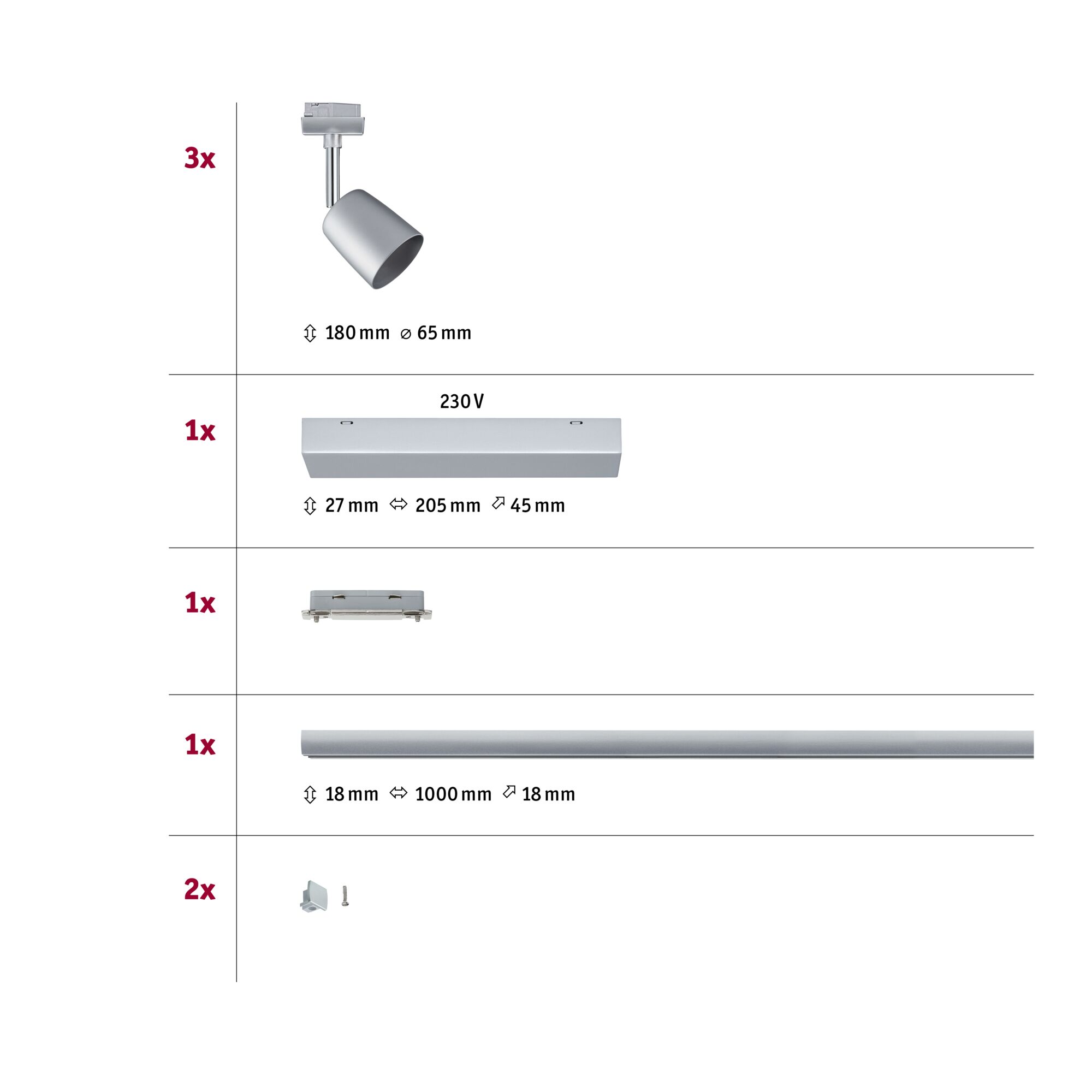Spot en aluminium argenté de 65 mm de diamètre et 180 mm de hauteur, composant d'éclairage LED