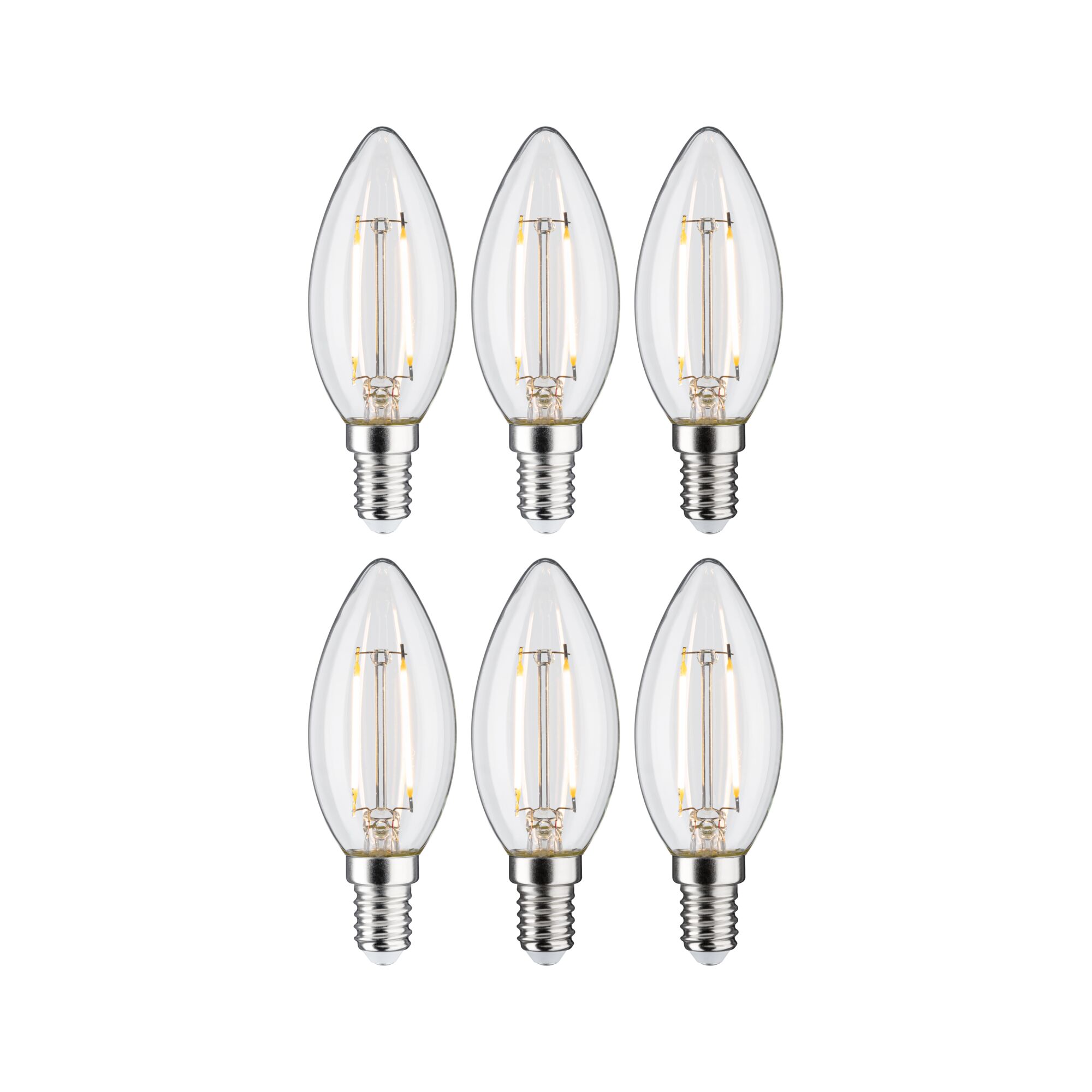 Set of six clear LED candle bulbs with E14 base, energy-efficient lighting for decorative fixtures