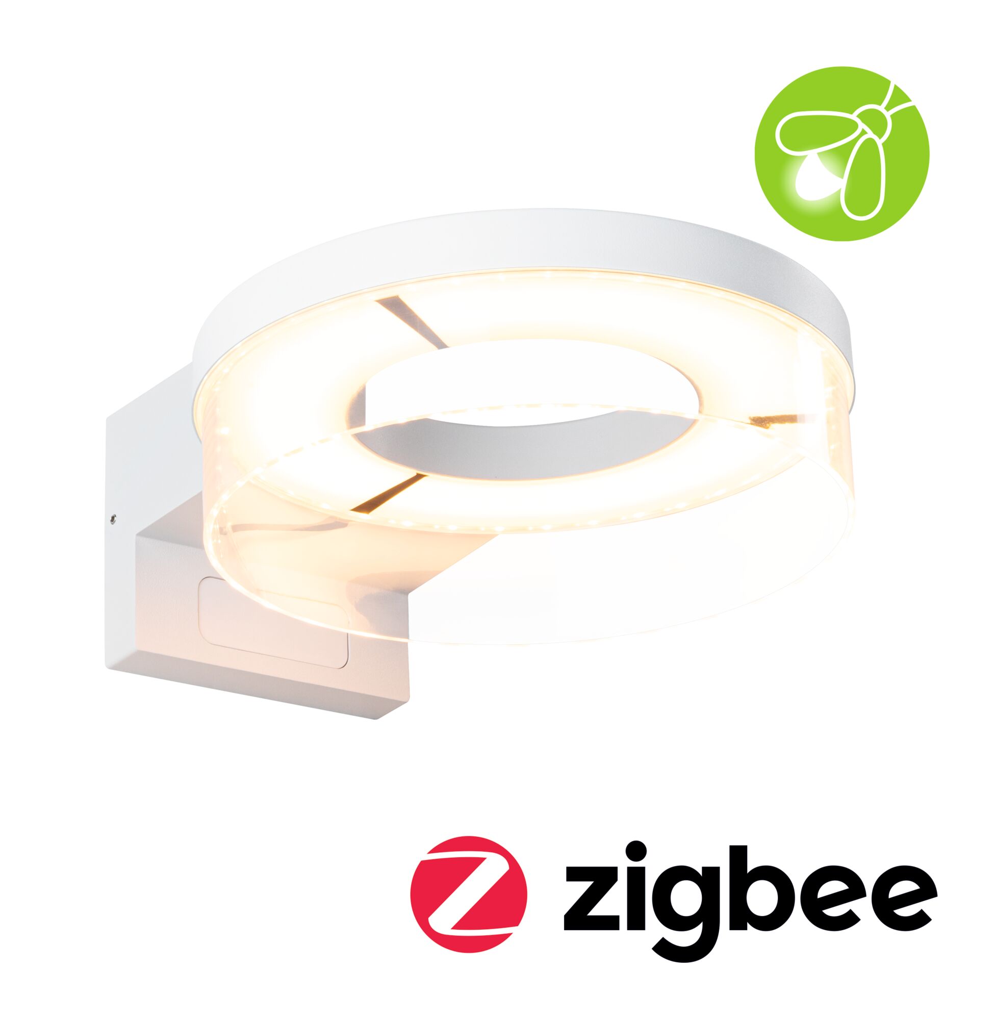 LED Exterior wall luminaire Smart Home Zigbee 3.0 Capera Twilight-controlled motion detector (IR) insect friendly IP44 231mm Tunable Warm 12,5W 800lm 230V White Aluminium White LED wall light with round acrylic ring, Zigbee smart home compatible lighting fixture