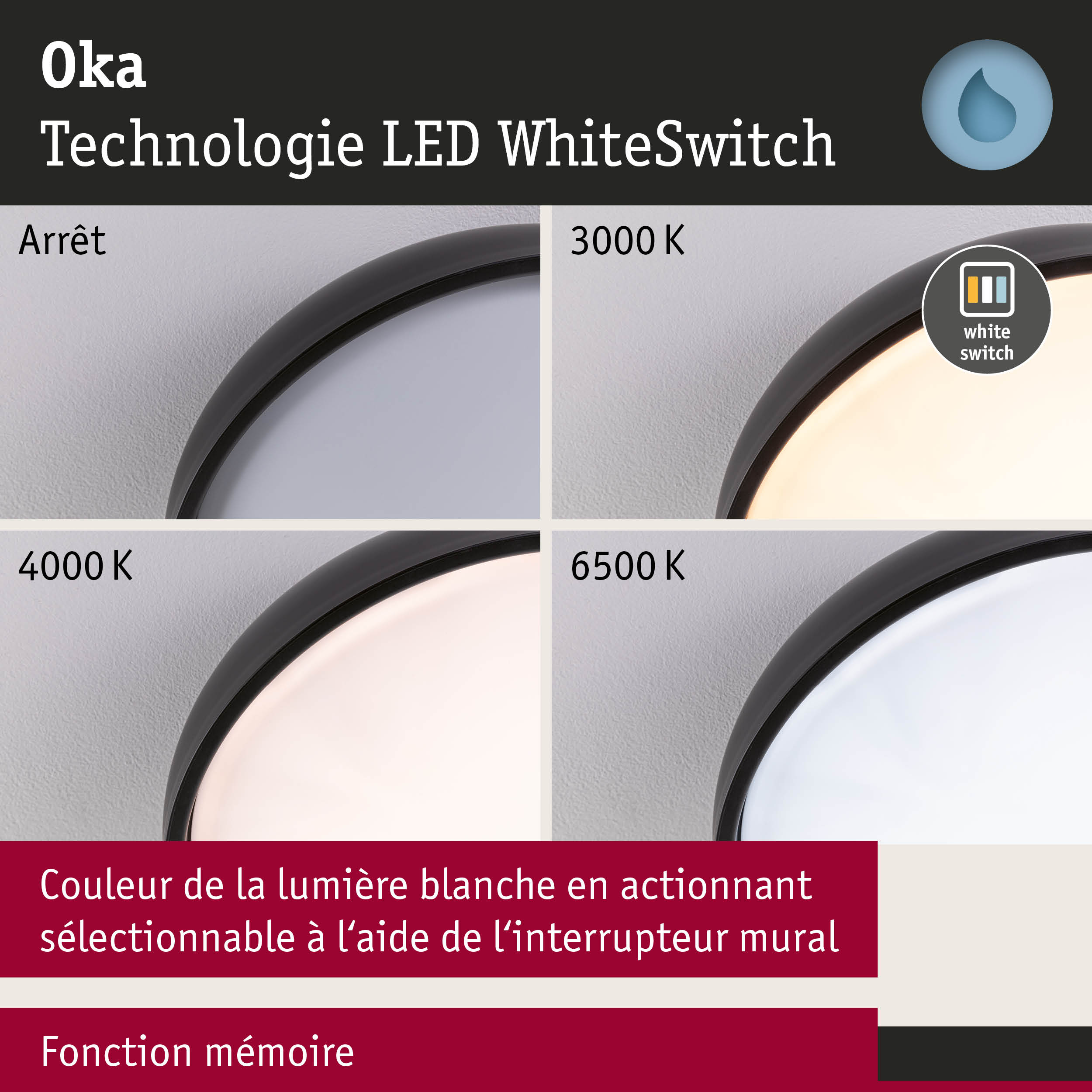 Plafonnier LED avec technologie WhiteSwitch affichant différentes températures de blanc de 3000K à 6500K