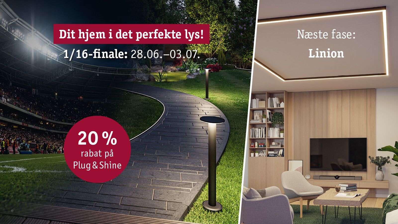Sort Plug & Shine udendørs belysning langs havegang og Linion LED loftsbelysning i stue