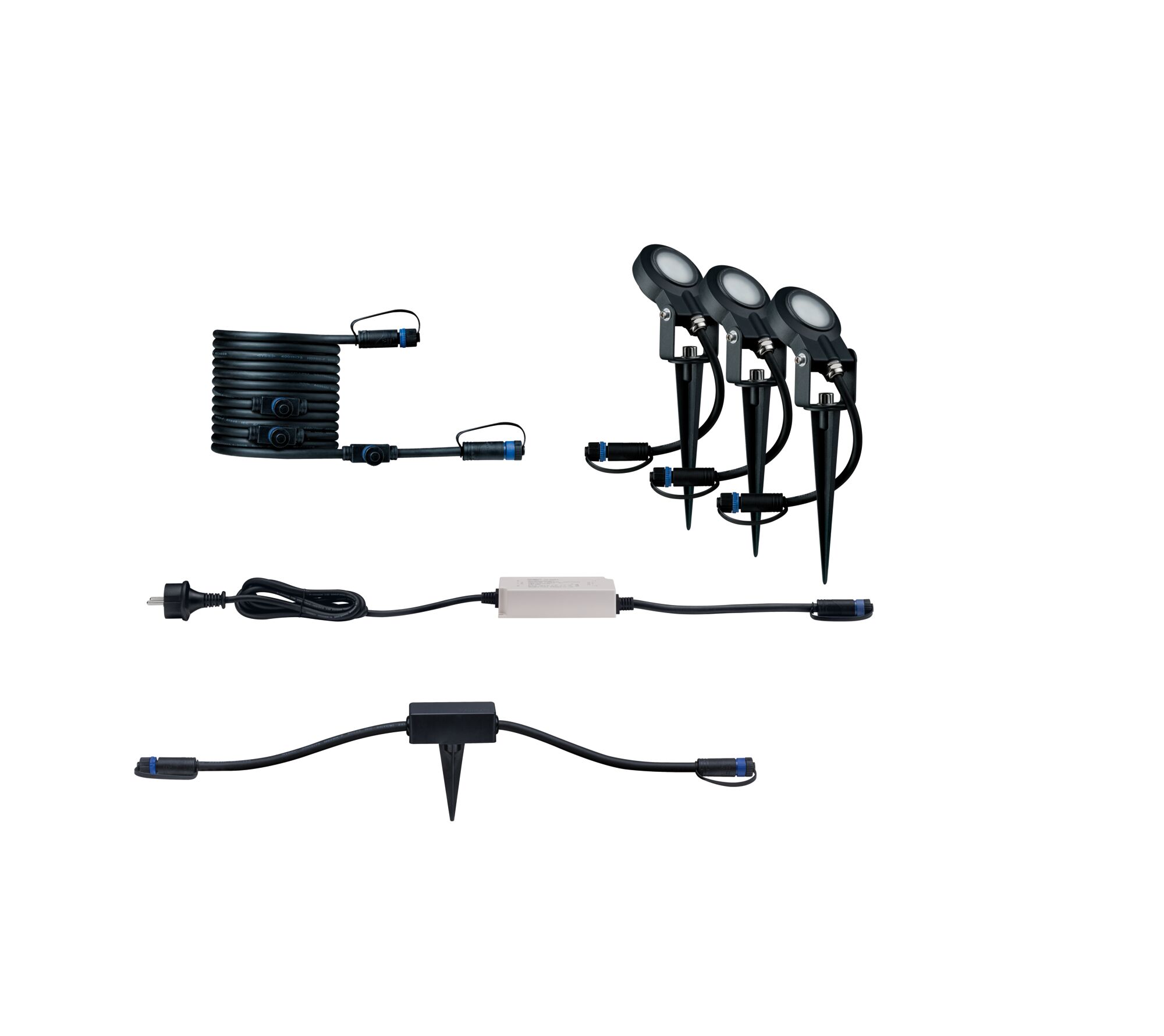 Black LED garden spotlight set with three fixtures, cables, and plugs for outdoor lighting