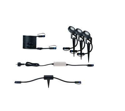 Black LED garden spotlight set with three fixtures, cables, and plugs for outdoor lighting
