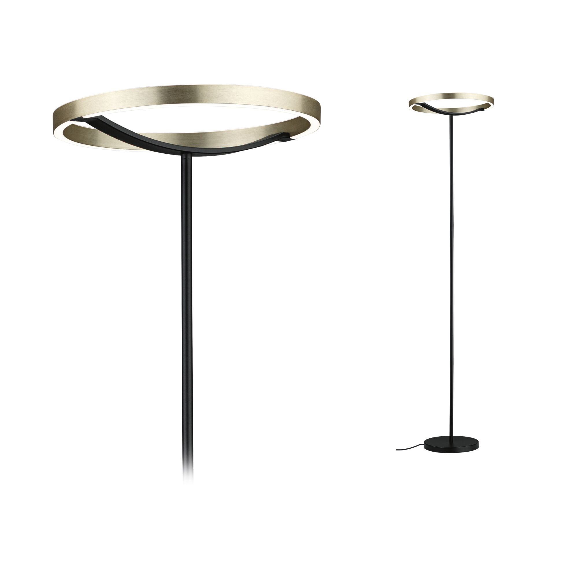 Lampadaire LED 3-Step-Dim Melira 2700K 1570mm 1025lm ${Dimmbar_Namng} 17,5W Noir mat/Doré Lampadaire moderne avec anneau en laiton brossé et base en métal noir, éclairage LED design